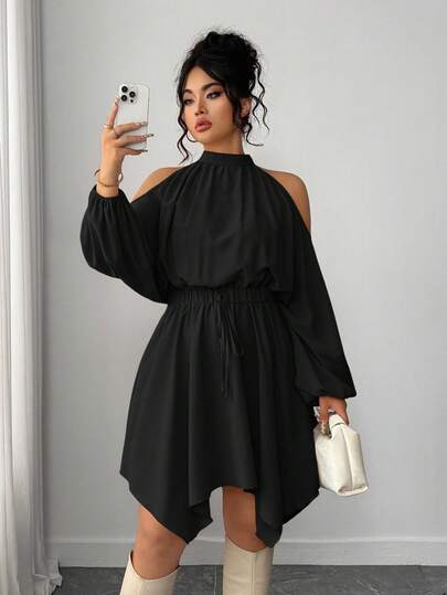 Elenzga 大码女装纯色新款褶皱吊带长袖圆领弹力腰身不对称下摆灯笼袖蝴蝶结约会之夜精致时尚优雅休闲宽松简约浪漫连衣裙