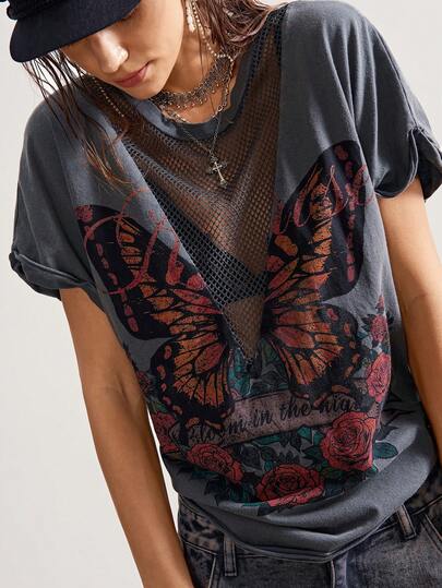 Bohemela Camiseta holgada de manga corta con estampado de rosas y mariposas, de punto parche y malla calada, en estilo bohemio casual para mujer