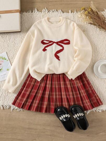 SHEIN Explorewe 女孩棋盘格毛衣和红色蝴蝶结点缀裙套装，百搭百搭红裙，适合万圣节、圣诞节、开学季，可爱装扮