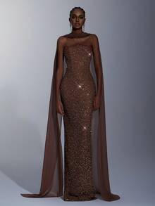 Elitara Elegant Minimalist Wasteland Style Crochet Sequin Asymmetrical Arc Bustier Luxurious Handmade Beaded High Waist Slim Fit Straight Skirt With Back Slit (Detachable Chiffon Flounce), Suitable For Various Formal Occasions Such As Evening Gowns, Dates, Weddings (Heavy Embellishment) - Coffee Brown - View 5