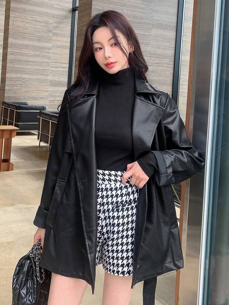 Solid Color Leather Loose Waist Belt Women Regular Jacket Fall/Winter Women Coats