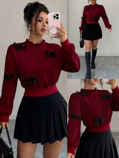 Elenzga Women's Autumn New Fashionable Minimalist Bow Decor Short Sweatshirt