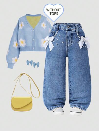 Elladie kids 少女阔腿牛仔裤，甜美酷炫的街头时尚设计，推荐返校季穿着。白色3D蝴蝶结和珍珠设计，松紧腰带舒适穿着，前襟纽扣设计方便穿着。宽松版型，适合外出、约会、日常穿着、海滩度假、朋友休闲聚会。一款适合一年四季的时尚牛仔单品。