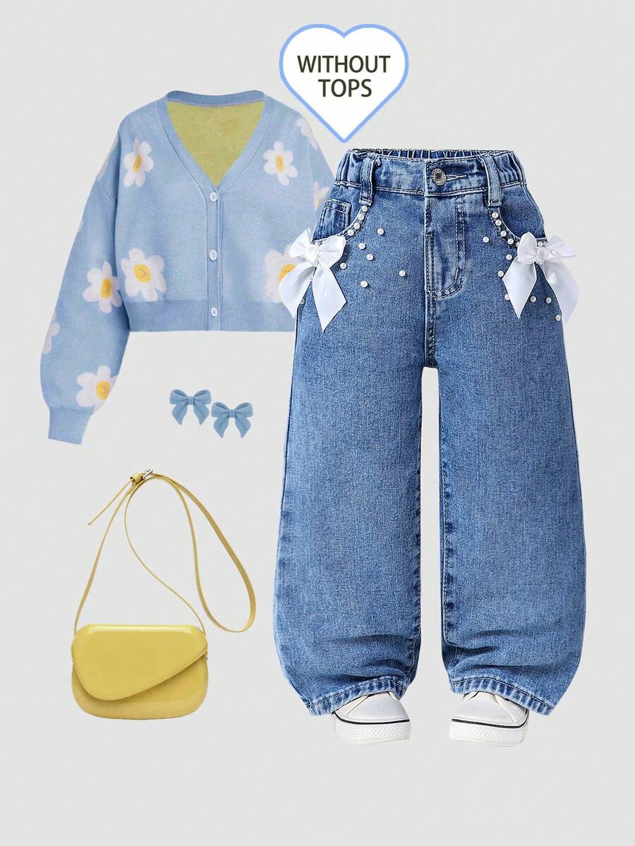 Elladie kids 少女阔腿牛仔裤，甜美酷炫的街头时尚设计，推荐返校季穿着。白色3D蝴蝶结和珍珠设计，松紧腰带舒适穿着，前襟纽扣设计方便穿着。宽松版型，适合外出、约会、日常穿着、海滩度假、朋友休闲聚会。一款适合一年四季的时尚牛仔单品。