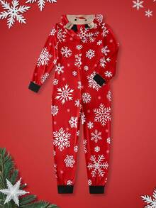 圣诞主题印花可爱卡通圣诞树、雪花、圣诞礼物、驯鹿服装长袖和裤子套装，抽绳下摆，可穿外套，妈妈和我，宝贝女孩，圣诞节家庭聚会，大女孩，睡衣，连体裤 - 紅色 - 查看 2