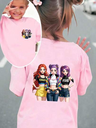 Tween Girl Cute KPOP Girl Print Pink, Casual Wear For Summer & Autumn, Fashion Tops, Tween Girl Summer & Autumn Outfit, Pink Autumn/Winter T-Shirt