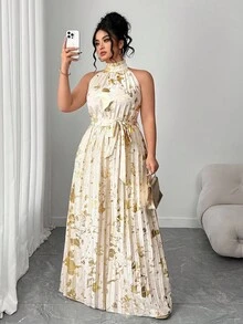 Elenzga Christmas Plus Size Women's Elegant Romantic Gold Foil All-Over Print Sleeveless Ruffle Collar Pleated Wide Leg Jumpsuit With Belt, Suitable For Spring, Summer, Autumn Travel, Vacation, Evening Party, Holiday