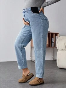 SHEIN Maternity Fall Autumn Winter Halloween Christmas New Year Thanksgiving Commuting Vacation Y2k Cute Streetwear Birthday Airport Party Old Money Work Casual Everyday Commute Versatile High Waist Cuffed Hem Straight Leg Jeans Thermal Lined Warm Jeans For Women High Waist Light Wash Elastic Denim Pants Cozy Winter Style Blue Jeans