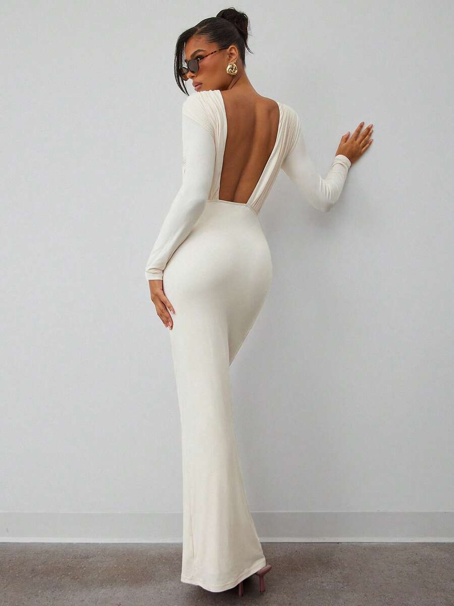 Hauture Lowkey Demure Brushed Double Layer Second Skin High Neck Ruched Long Sleeve Open Back Dress - Apricot - View 1