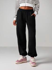 Missguided x Playboy Button Detail Cuffed Joggers For Casual Loungewear And Everyday Comfort With Elastic Waistband - Black - View 2