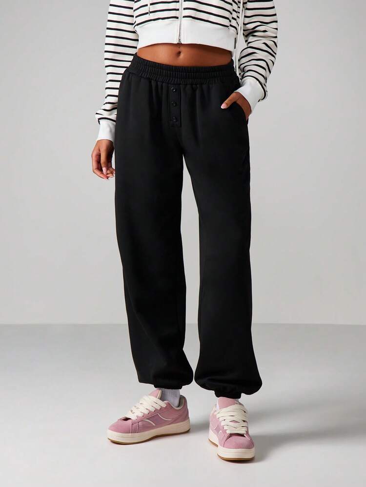 Missguided x Playboy Button Detail Cuffed Joggers For Casual Loungewear And Everyday Comfort With Elastic Waistband