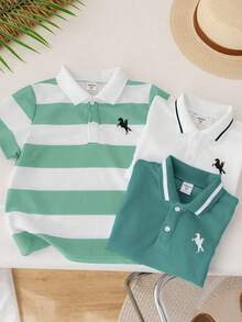 SHEIN 3 件套年轻男孩休闲运动学院风图案圆领短袖 Polo 衫套装，适合日常穿着、上学、户外活动、春夏季节 - 薄荷綠 - 查看 8