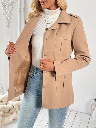 EMERY ROSE Women's Solid Color Long Sleeve Metal Single-Breasted Pocket Casual Jacket, Autumn