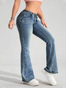 SHEIN ICON Jeans de pierna acampanada y delgada con bolsillo de color contrastante para mujer - Azul - Ver 5
