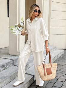 Serisse 女式度假休闲纯色衬衫和裤子两件套 - 杏色 - 查看 6