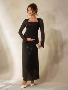 Cheriluna Maternity Vestido de maternidad elegante con cuello cuadrado largo, unicolor y con strass para sesión de fotos - Negro - Ver 1