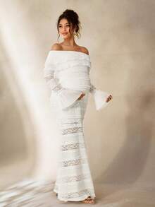 Cheriluna Maternity 优雅孕妇蕾丝荷叶边纯色针织长袖修身连衣裙，适合秋冬派对和圣诞节 - 白色 - 查看 5