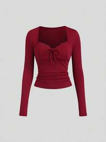 Sweetra Women's Burgundy Square Neck Lace Long Sleeve Fitted T-Shirt, Spring/Autumn - Burgundy - View 1