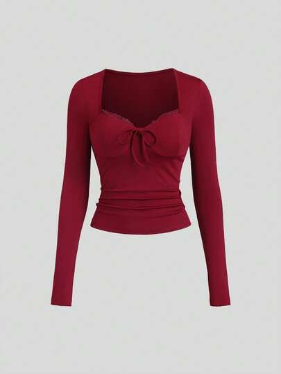 Sweetra Women's Burgundy Square Neck Lace Long Sleeve Fitted T-Shirt, Spring/Autumn