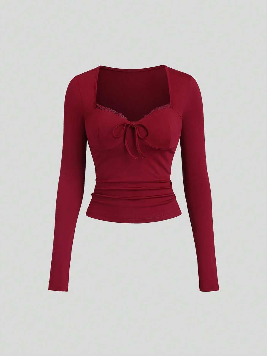 Sweetra Women's Burgundy Square Neck Lace Long Sleeve Fitted T-Shirt, Spring/Autumn - Burgundy - View 1