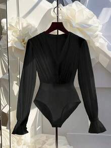 Franclia 优雅法式紧身衣 | 白色V领喇叭袖 / 办公室和约会 / 优雅性感纯色修身百搭 - 黑色 - 查看 1