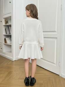SHEIN Tween Girl Casual Pearl Beaded Loose Long Sleeve Turtleneck Sweater & Ruffle Hem Elegant A-Line Skirt Set, White - White - View 2