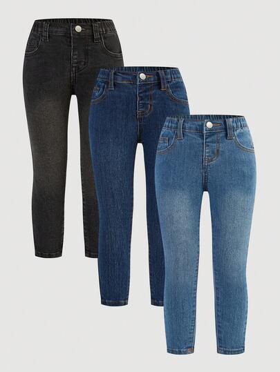 SHEIN 3件套女童深蓝色、中蓝色、浅蓝色牛仔弹力紧身裤