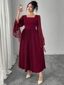 Modelyn Vestido elegante de fiesta con cuello cuadrado, drapeado y plisado para mujer de talla grande - Rojo - Ver 3