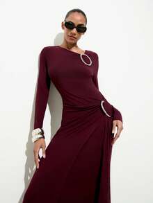 Maija Vestido elegante de cor sólida para mulher, adequado para festa, vestido bordô para mulher, vestido de manga comprida, vestido castanho-avermelhado, vestido vinho - Borgonha - Ver 5
