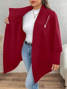 EMERY ROSE Christmas Plus Size Casual Solid Color Asymmetric Hem Woolen Coat, Autumn/Winter - Burgundy - View 6