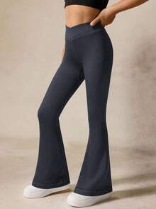 SHEIN 2pcs Set + Regular Flare Pants + Ribbed Texture + Black + Dark Grey + Sports Flare Pants + Activewear - Multicolor - View 4