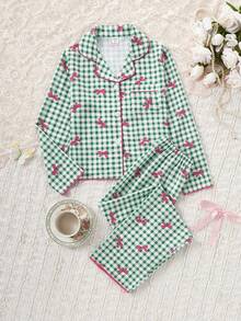 女学生睡衣套装，可爱蝴蝶格子印花长裤和开衫，长袖休闲两件套家居服，适合青少年女孩 - 彩色 - 查看 3