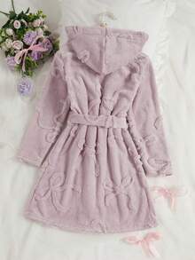 Girls' Pink Minimalist Chic Bow Floral Plush Long Sleeve Robe, Casual Sleepwear For Winter Home Scenes, Warm Throughout The Winter