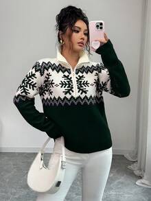 SHEIN Elenzya Elegant Women Sweater, Fair Isle Pattern, Color Block Zip-Up Sweater, Christmas Pattern, Autumn/Winter Sweater - Dark Green - View 6