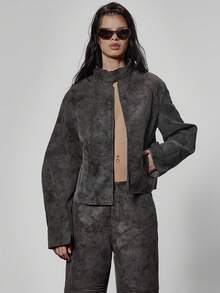 MUSERA Paneled Zip Through Washed Effect Racer Style Jacket Only Winter Streetwear Cool Night Out Everyday Sexy Onyx - Dark Grey - View 6