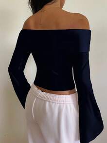 SHEIN EZwear 女式休闲露肩长袖喇叭袖紧身上衣，适合秋冬季 - 藏蓝色 - 查看 2