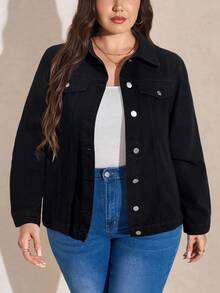 EMERY ROSE Plus Size Women's Casual Loose Denim Jacket With Single-Breasted, Long Sleeve, Autumn - Black - View 4
