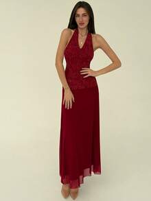 Aloruh Apricot Romantic Date Party Halter Deep V Backless Extra Long Mesh Patchwork Women Dress Red - Apricot - View 4