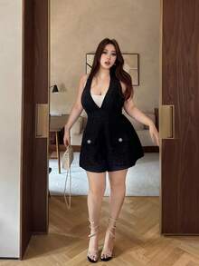 Flirla Plus Size Fashionable & Elegant Backless Halter Jumpsuit - Black - View 2