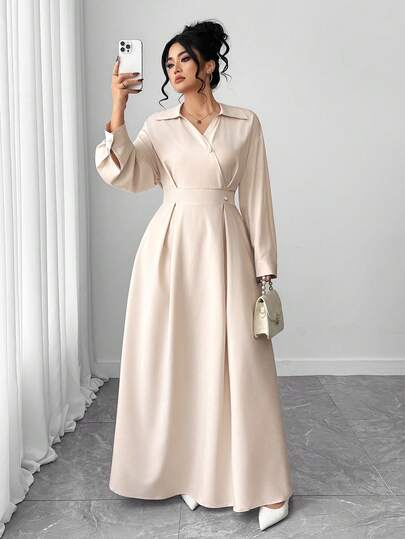 SHEIN Tall CURVE Plus Size White Shirt Collar Casual Dress, Suitable For Commuting, Vacation, And School, Autumn/Winter