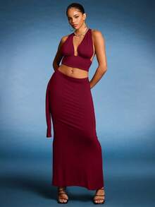 Normani Conjunto de 2 peças com Saia Franzida, Decote Profundo em V e Costas Abertas, Elegante e Sexy, para Praia e Férias - Vinho - Visão 2