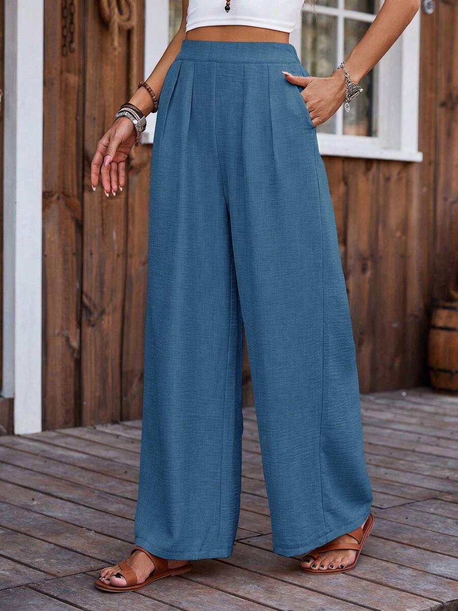 LanaWest Quần ống rộng cạp cao màu trơn đơn giản dành cho nữ khi đi nghỉ - Màu xanh lam - Xem 1