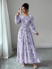Modelyn Women's Summer Chiffon Butterfly Print Ruched Round Neck Long Sleeve Dress Lavender Dress Women Lilac Dress Long Sleeve Purple Dress Purple Floral Dress Women Purple Butterfly Dress - Purple - View 7