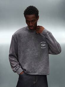 PLAYBOY X SUMWON Kaos Lengan Panjang Potongan Pendek dengan Detail Logo Kelinci di Bagian Bawah yang Dicuci, Gaya Streetwear Vintage - Dark Grey - View 6