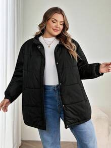 SHEIN CURVE+ Áo khoác đệm cỡ lớn dành cho nữ có cổ lông nhân tạo có thể tháo rời, màu đen - màu đen - Xem 4