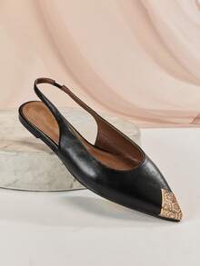 SHUZIA 魅力女士黑色仿皮PU尖头露跟假日秋冬平底鞋 - 黑色 - 查看 3