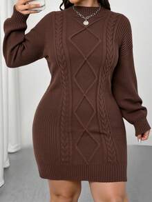 Elenzga 加大码纯色立领扭纹刺绣长袖修身毛衣裙，适合冬季 - 咖啡棕 - 查看 6