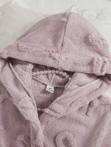 Girls' Pink Minimalist Chic Bow Floral Plush Long Sleeve Robe, Casual Sleepwear For Winter Home Scenes, Warm Throughout The Winter