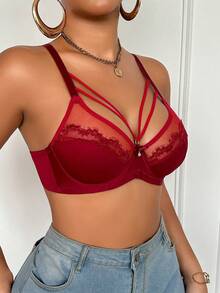 1pc Christmas Lace Patchwork Women Underwire Bra Lingerie Bra - Burgundy - View 6
