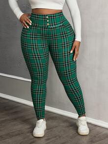 SHEIN PETITE CURVE 加大码前扣心形印花休闲裤，时尚日常穿着，适合日常穿着和情人节约会和派对裤 - 綠色 - 查看 6